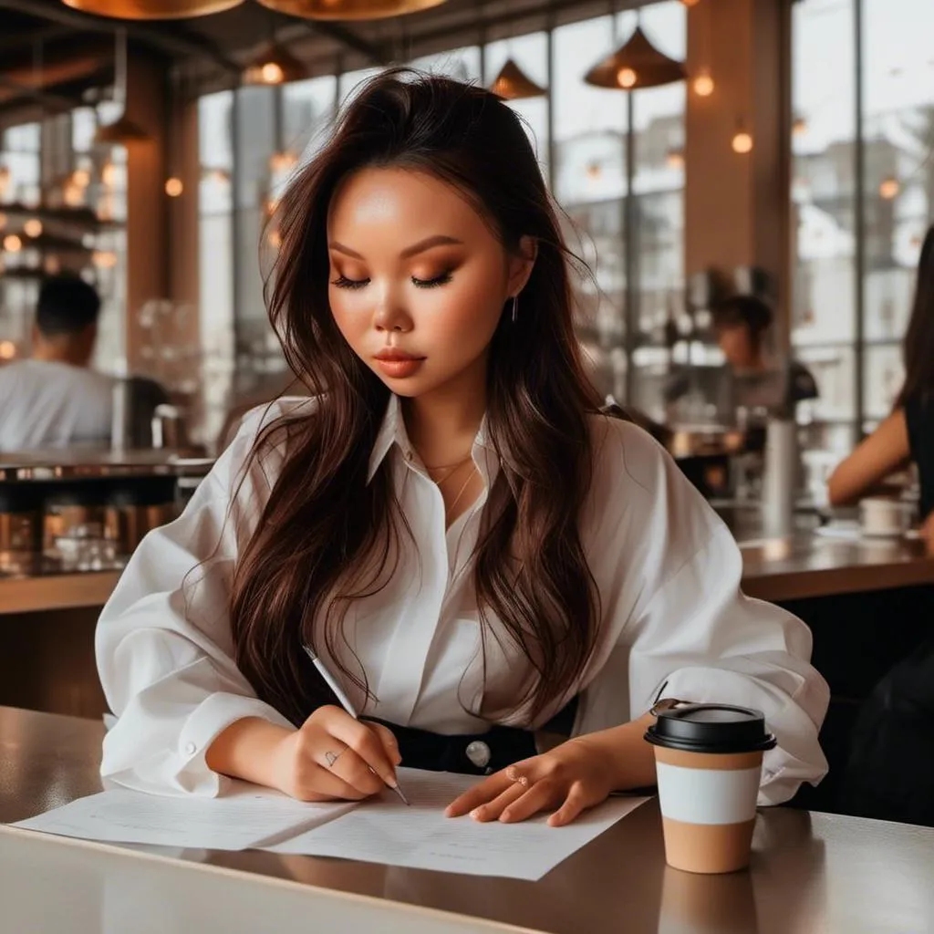 Prompt: <mymodel> Female barista is writing on a paper coffee cup.