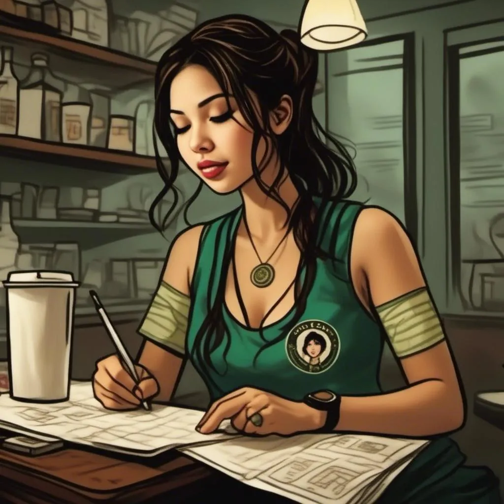 Prompt: <mymodel>A comic book illustration in the style of Peter Hsu of a female barista writing on a paper coffee cup.