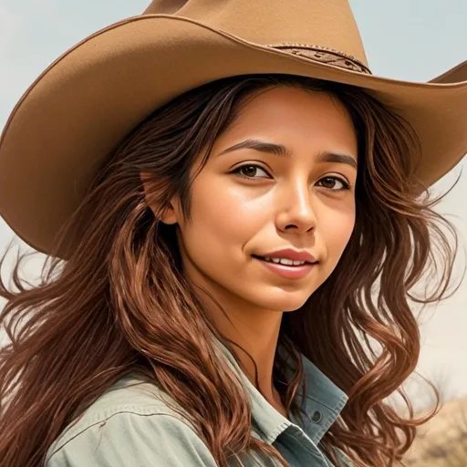 Prompt: <mymodel>Wearing a (((Stetson style cowboy hat))) and a cowgirl outift. head shot. brunette. 18 years old. comic book illustration in the style of Dave Stevens.