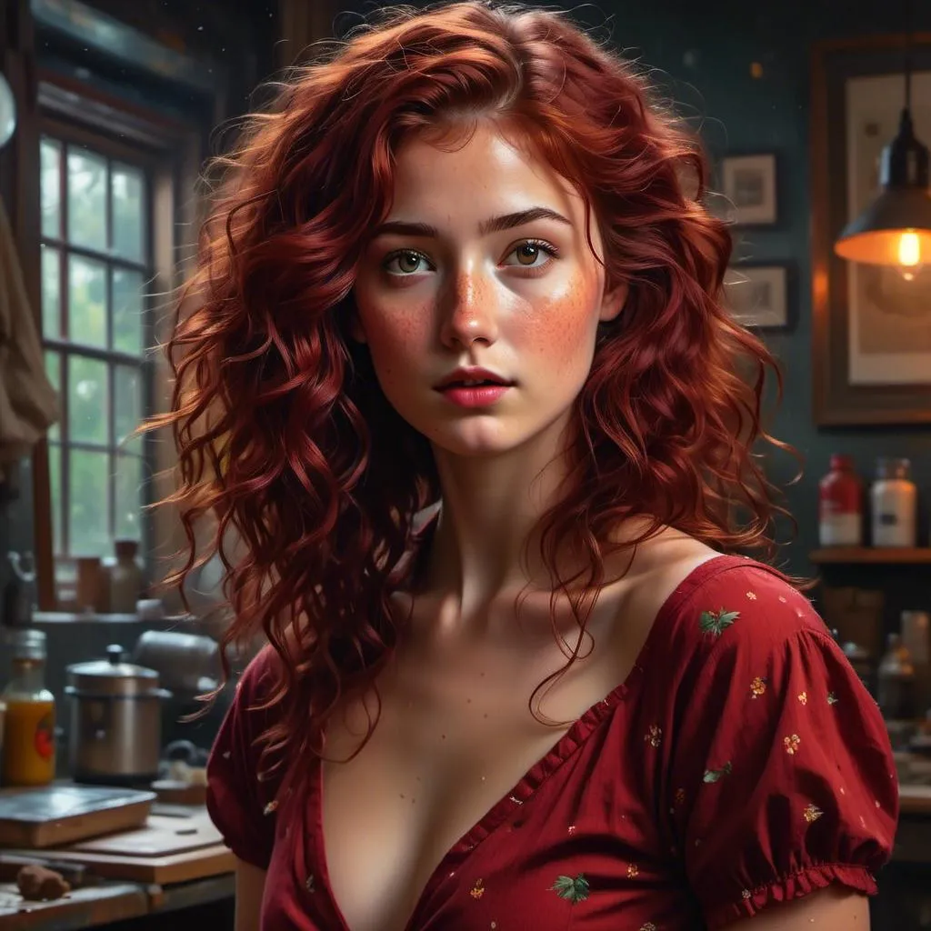 Prompt: <mymodel>woman, oil painting, hyper realistic, high details, full body shot, pinup pose, perfect eyes, long 90s hairstyle, beautiful, red dress, muted red lips