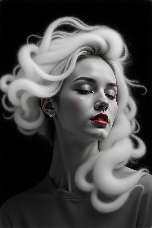 Prompt: a woman with long white hair and red lipstick on her face, with a black background and a black background, Charlie Bowater, gothic art, highly detailed digital painting, an airbrush painting