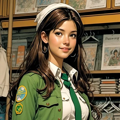 Prompt: <mymodel> Profile of an 18 year old woman wearing a girl scout uniform, comic book illustration in the style of Dave Stevens.