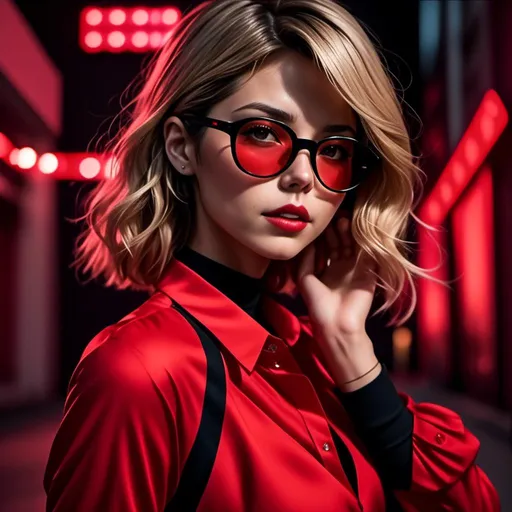 Prompt: <mymodel> Red framed horn rimmed glasses with bright reflections on the lenses, and red and black layered shirts. using only black, red, and white.  Background is black with neon red light.