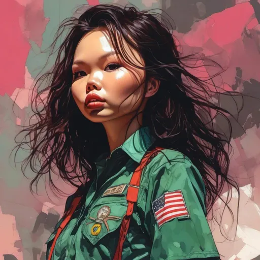 Prompt: <mymodel> A comic book illustration in the style of Bill Sienkiewicz of a woman in a girl scout type uniform.