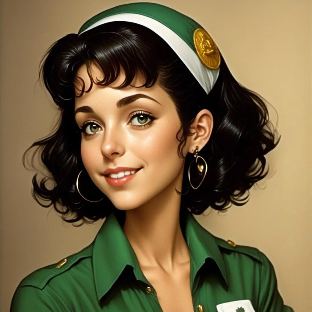 Prompt: <mymodel> Profile of an 18 year old woman wearing a girl scout uniform, comic book illustration in the style of Dave Stevens.