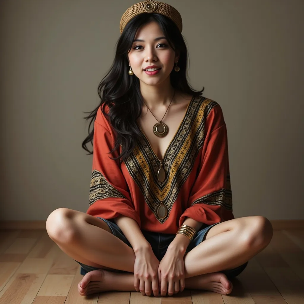 Prompt: <mymodel> messy black hair, full body image, boho outfit is red and orange and black and white and  yellow.  full body view, sitting on floor.