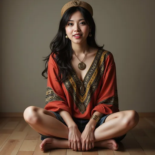 Prompt: <mymodel> messy black hair, full body image, boho outfit is red and orange and black and white and  yellow.  full body view, sitting on floor.