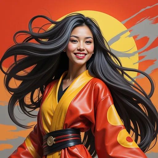 Prompt: mad-mdrnmnmlsm painting of a cyberpunk woman wearing an orange and silver leather kimono in front of a silver stylized moon, long silver hair,  flowing hair, windblown hair, smiling, paint splashes, outrun, orange and gray night sky <lora:modern-minimalism-flux:1.0> brush_stroke