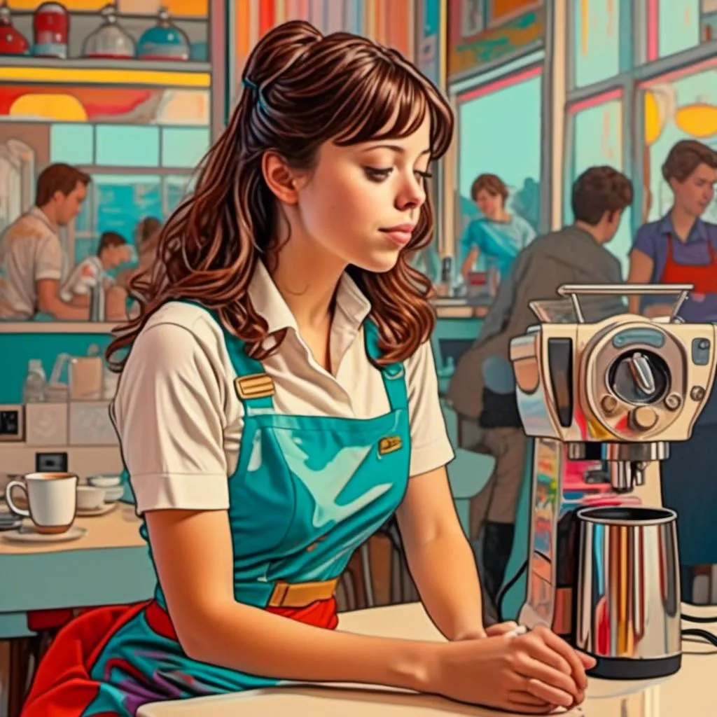 Prompt: <mymodel>Peter Max illustration of a woman in a barista uniform, using the expresso machine in an avant-garde cafe.