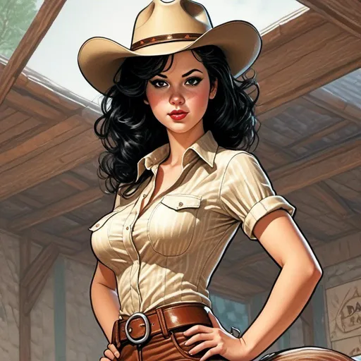 Prompt: <mymodel>comic book image of a woman in a cowgirl outfit, Dave Stevens illustration.
