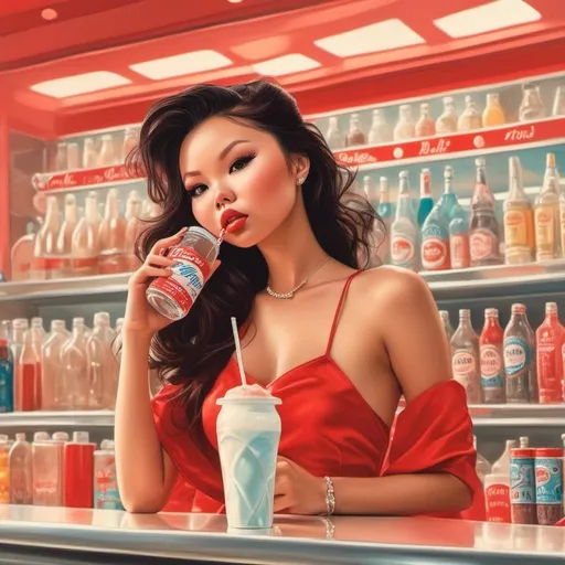 Prompt: <mymodel> Drinking a malt shake in a drug store soda counter. 50's editorial color illustration