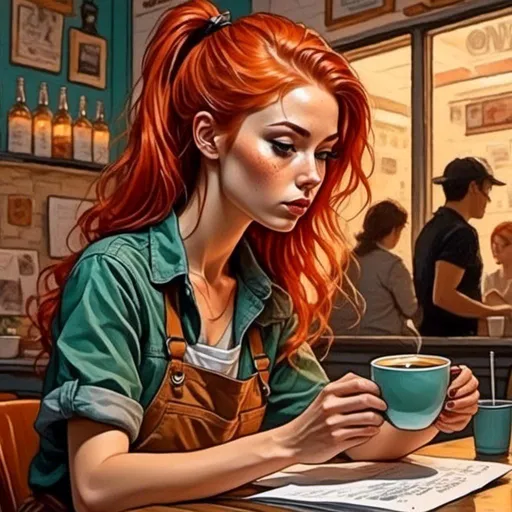 Prompt: <mymodel>A comic book illustration in the style of Peter Hsu of a female barista writing on a paper coffee cup.