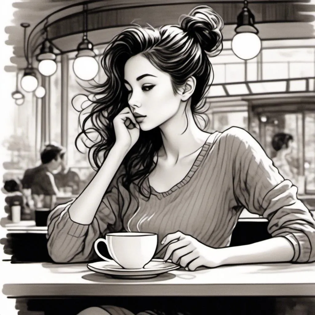 Prompt: <mymodel>black and white ink sketch of woman drinking tea at a cafe. Hair up in a messy bun, loose bun, wavy hair