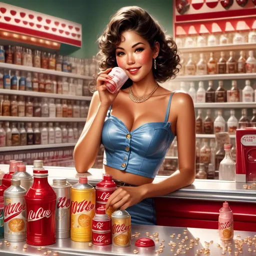 Prompt: <mymodel> Drinking a malt shake in a drug store soda counter. 50's editorial color illustration