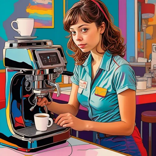 Prompt: <mymodel>Peter Max illustration of a woman in a barista uniform, using the expresso machine in an avant-garde cafe.