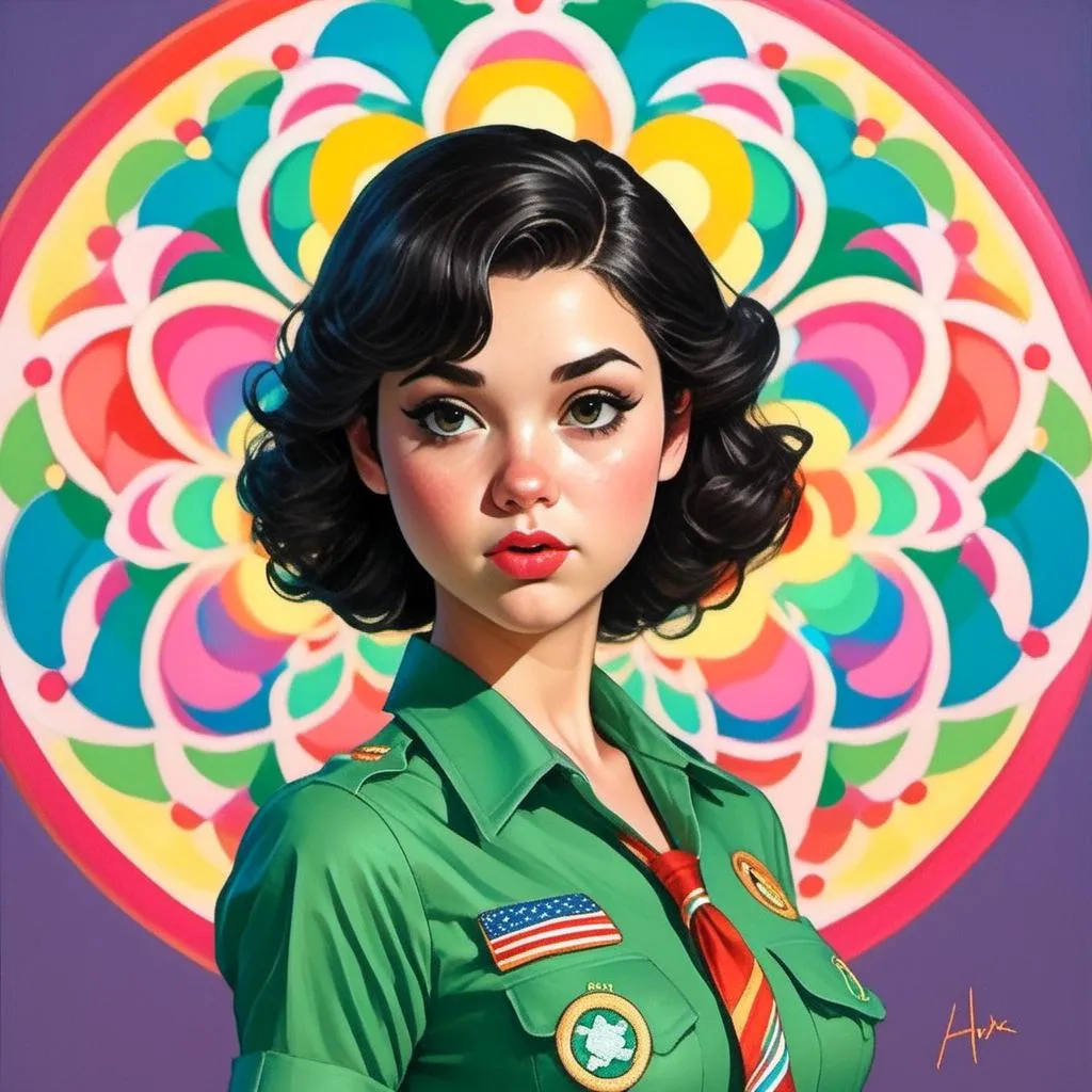 Prompt: <mymodel> Wearing a girl scout uniform.  Peter Max illustration