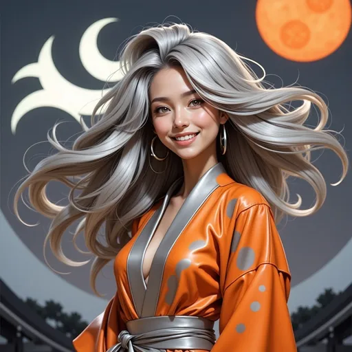 Prompt: mad-mdrnmnmlsm painting of a cyberpunk woman wearing an orange and silver leather kimono in front of a silver stylized moon, long silver hair,  flowing hair, windblown hair, smiling, paint splashes, outrun, orange and gray night sky <lora:modern-minimalism-flux:1.0> brush_stroke