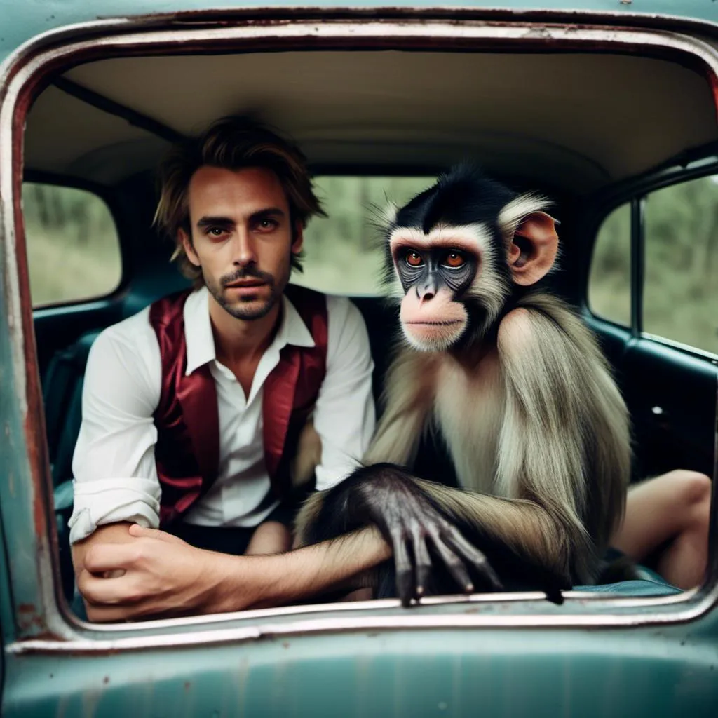 Prompt: <mymodel>attractive man and a spider monkey, in a car, on a roadtrip. 