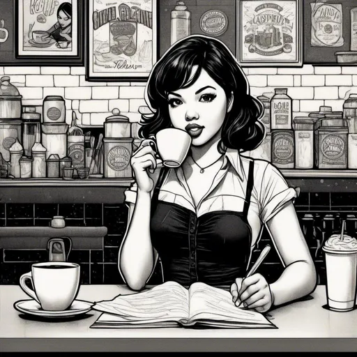 Prompt: <mymodel> A comic book illustration in the style of Frank Cho of a female barista writing on a paper coffee cup.