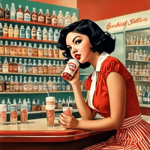 Prompt: <mymodel> Drinking a malt shake in a drug store soda counter. 50's editorial color illustration