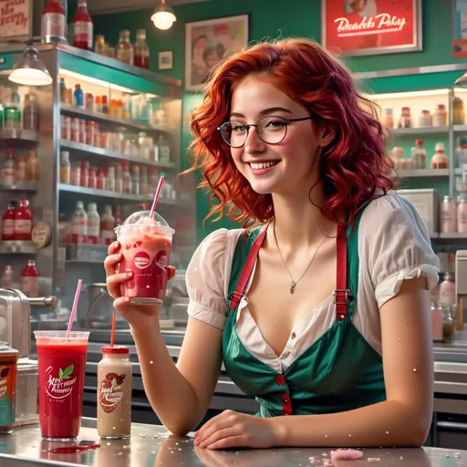 Prompt: <mymodel> Drinking a malt shake in a drug store soda counter. 50's editorial color illustration