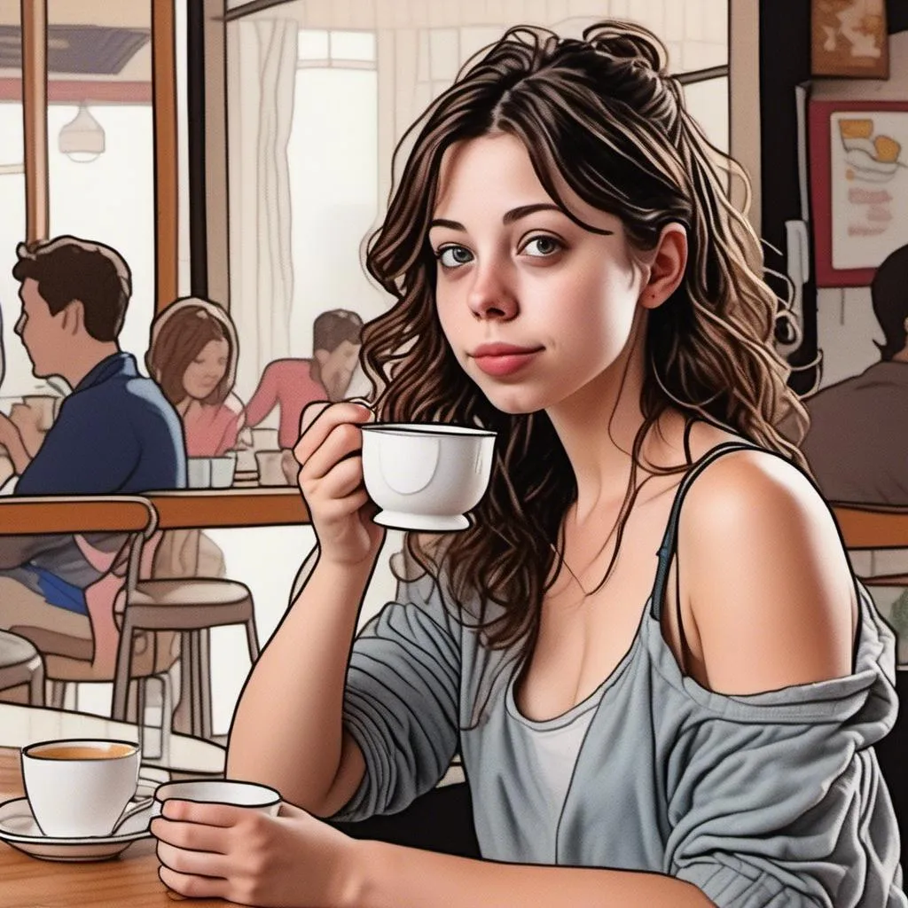 Prompt: <mymodel>ink sketch of woman drinking tea at a cafe. Hair up in a messy bun, loose bun, wavy hair