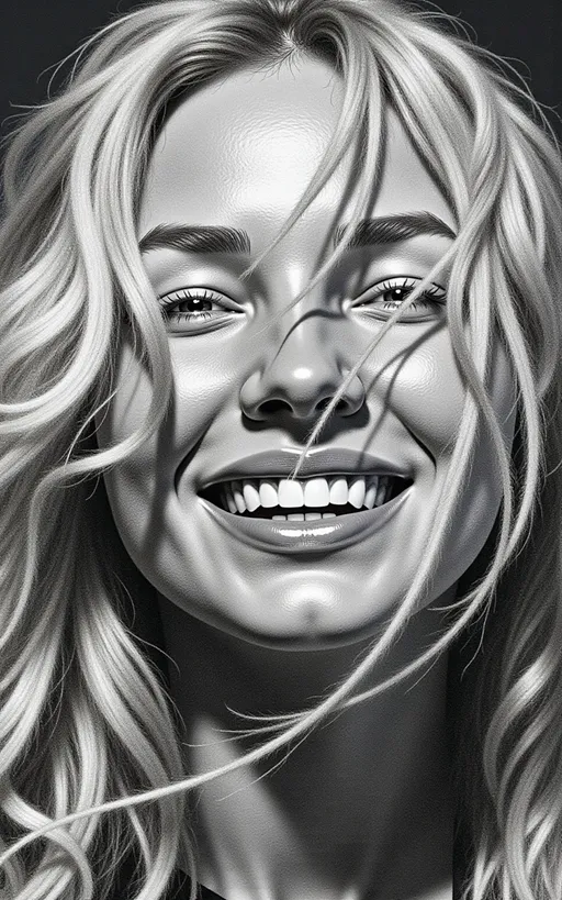 Prompt: a drawing of a woman with blonde hair and a smile on her face and shoulders, with her hair blowing in the wind, Arie Smit, photorealism, highly detailed digital painting, a photorealistic painting