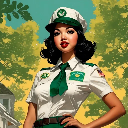 Prompt: <mymodel>Woman wearing a girl scout uniform, comic book illustration in the style of Dave Stevens.