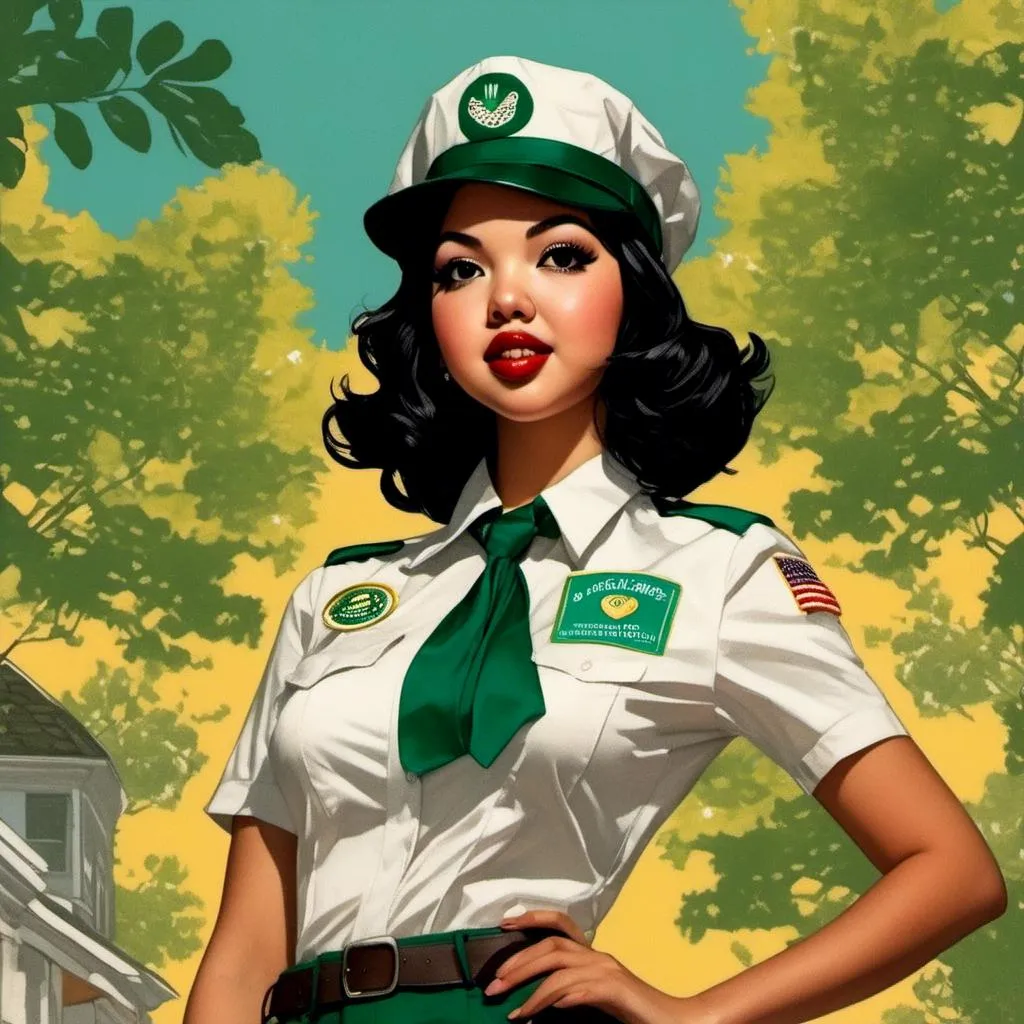 Prompt: <mymodel>Woman wearing a girl scout uniform, comic book illustration in the style of Dave Stevens.