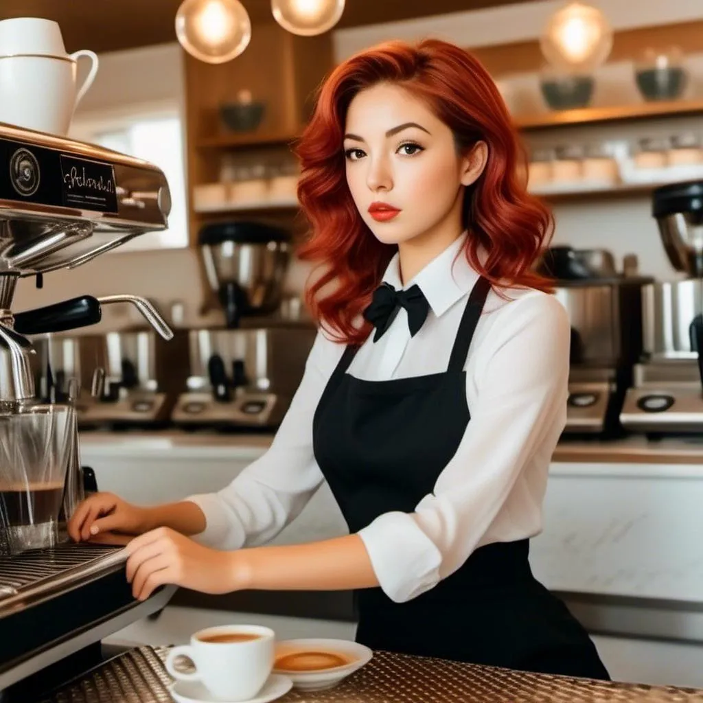 Prompt: <mymodel> Red haired, wearing a barista uniform, working the expresso machine at an avante garde cafe.
