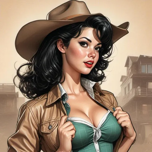 Prompt: <mymodel>comic book image of a woman in a cowgirl outfit, Dave Stevens illustration.
