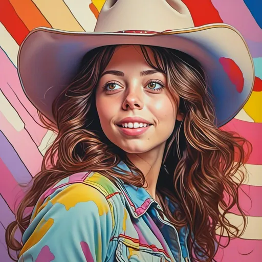 Prompt: <mymodel>Peter Max illustration of a woman in a cowgirl outfit