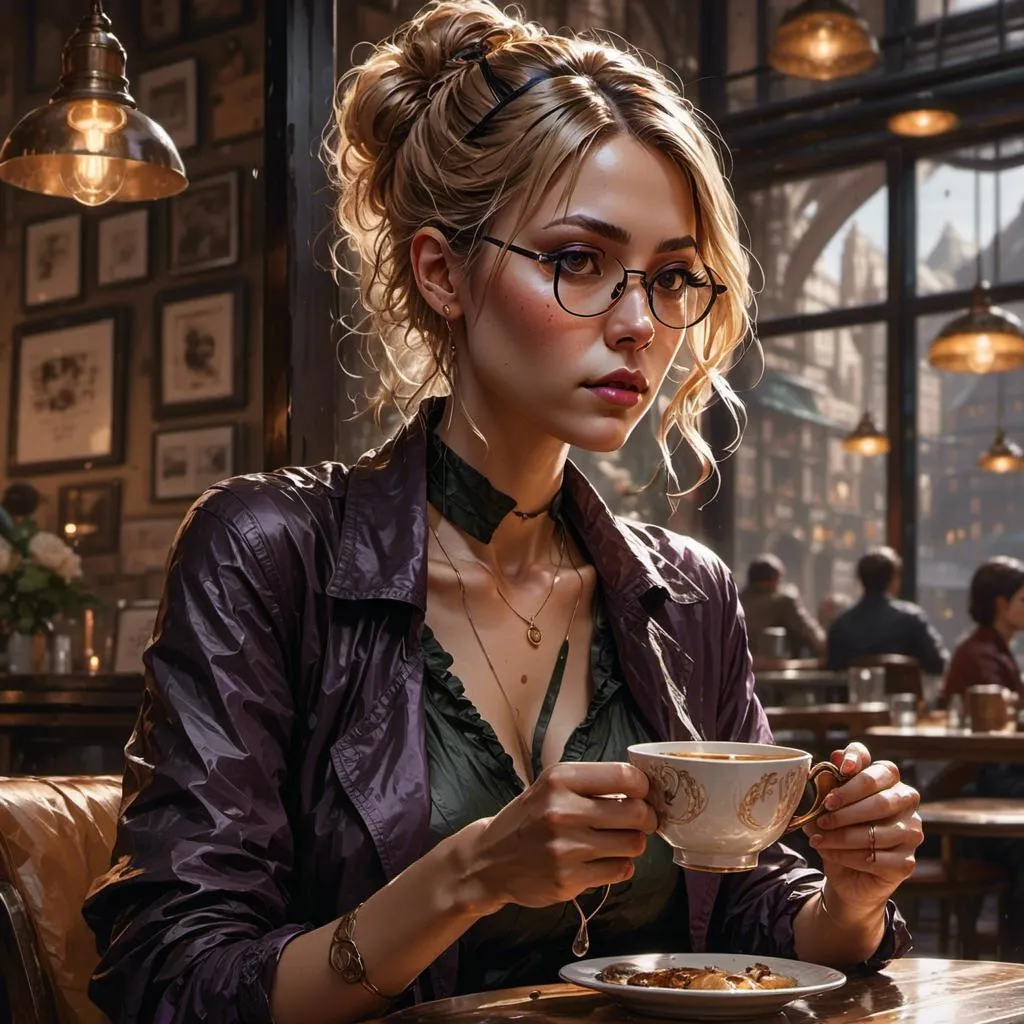 Prompt: <mymodel>ink sketch of woman drinking tea at a cafe. Hair up in a messy bun, loose bun, wavy hair
