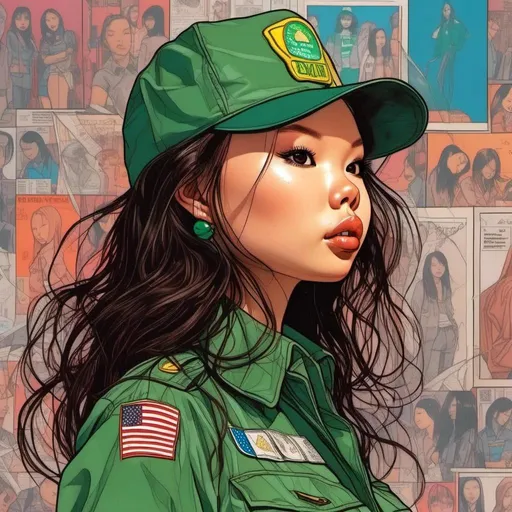 Prompt: <mymodel> Profile of a woman wearing a girl scout uniform, comic book illustration in the style of Dave Stevens.