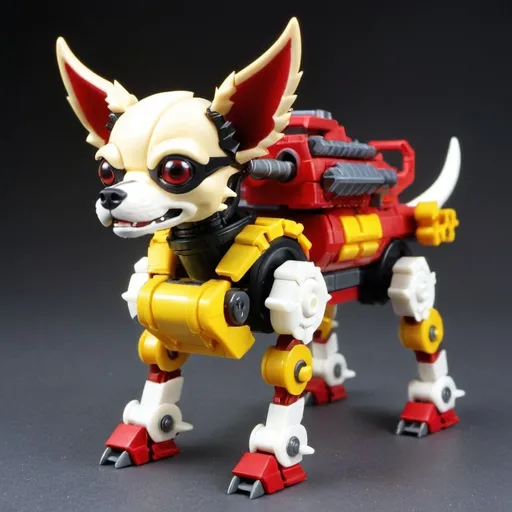 Prompt: A Kotobukiya Zoids model of a weapons heavy chihuahua, with brightly colored armor, made entirely of plastic, in the style of Kotobukiya Zoids.