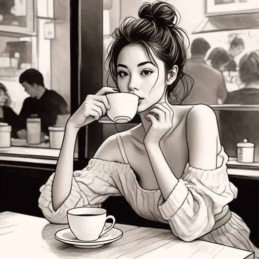 Prompt: <mymodel>black and white ink sketch of woman drinking tea at a cafe. Hair up in a messy bun, loose bun, wavy hair