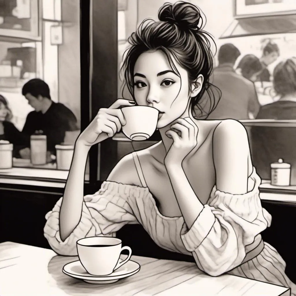 Prompt: <mymodel>black and white ink sketch of woman drinking tea at a cafe. Hair up in a messy bun, loose bun, wavy hair