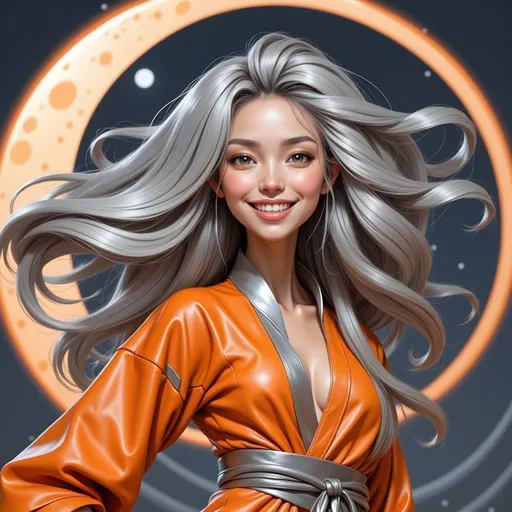 Prompt: mad-mdrnmnmlsm painting of a cyberpunk woman wearing an orange and silver leather kimono in front of a silver stylized moon, long silver hair,  flowing hair, windblown hair, smiling, paint splashes, outrun, orange and gray night sky <lora:modern-minimalism-flux:1.0> brush_stroke