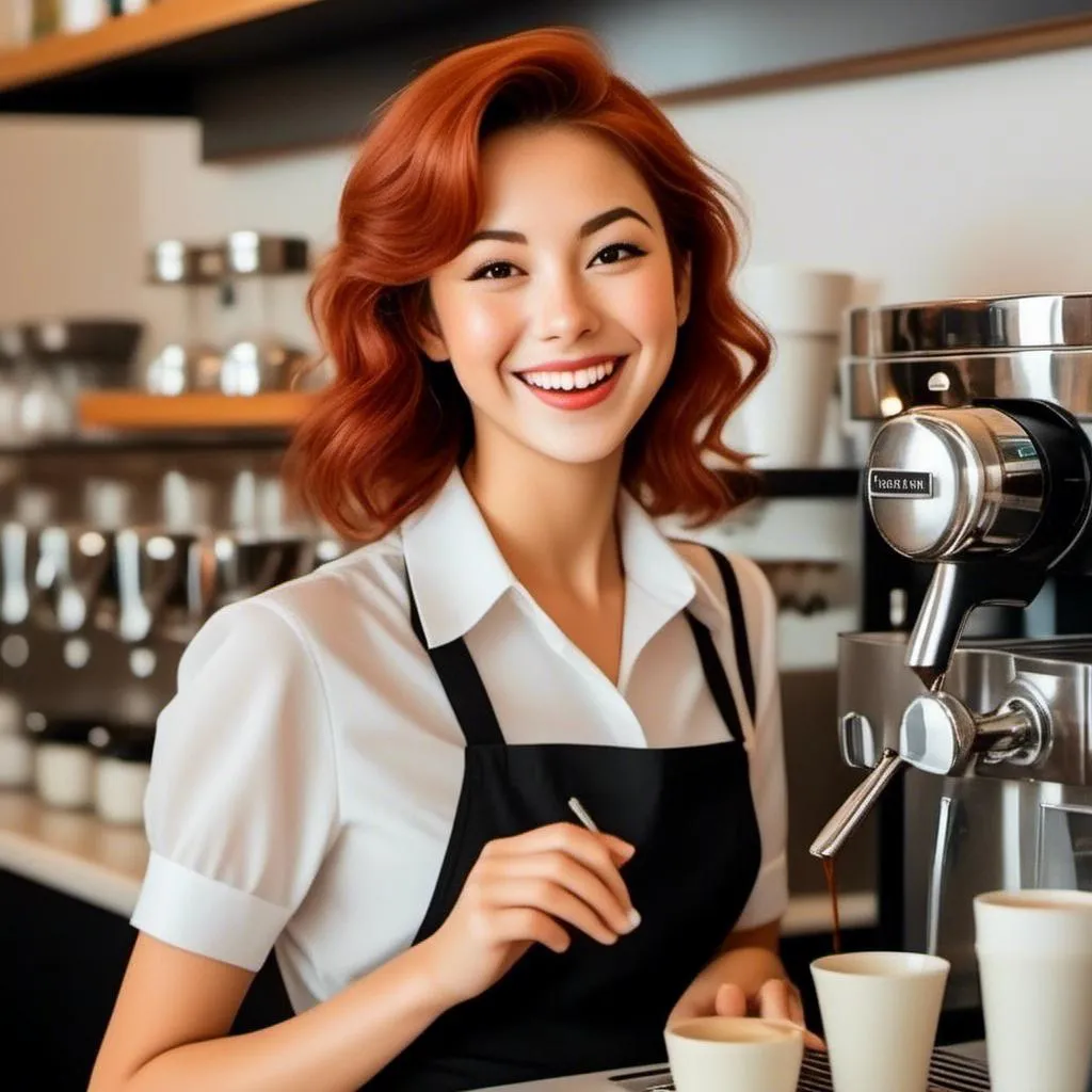 Prompt: <mymodel> Red haired, smiling, wearing a barista uniform, working the expresso machine at an avante garde cafe.

