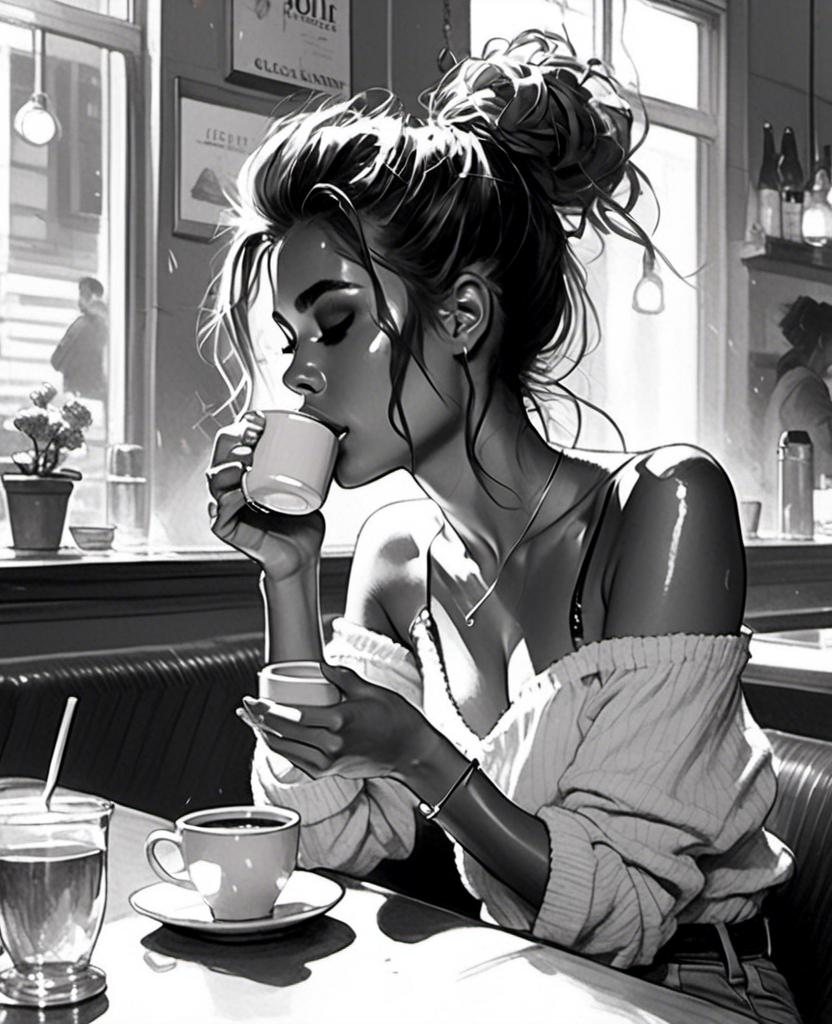 Prompt: <mymodel>black and white ink sketch of woman drinking tea at a cafe. Hair up in a messy bun, loose bun, wavy hair
