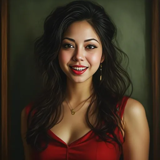 Prompt: <mymodel>woman, oil painting, hyper realistic, high details, full body shot, pinup pose, perfect eyes, perfect hair, beautiful, red dress, muted red lips, dark brown eyes, black hair.