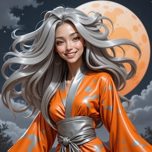 Prompt: mad-mdrnmnmlsm painting of a cyberpunk woman wearing an orange and silver leather kimono in front of a silver stylized moon, long silver hair,  flowing hair, windblown hair, smiling, paint splashes, outrun, orange and gray night sky <lora:modern-minimalism-flux:1.0> brush_stroke