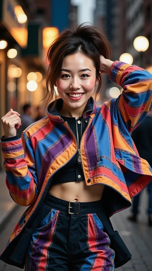 Prompt: a woman in a colorful jacket and black pants posing for a picture on the street with her hands in her hair, laughing, windswept hair, Fan Qi, maximalism, colorful, a character portrait 