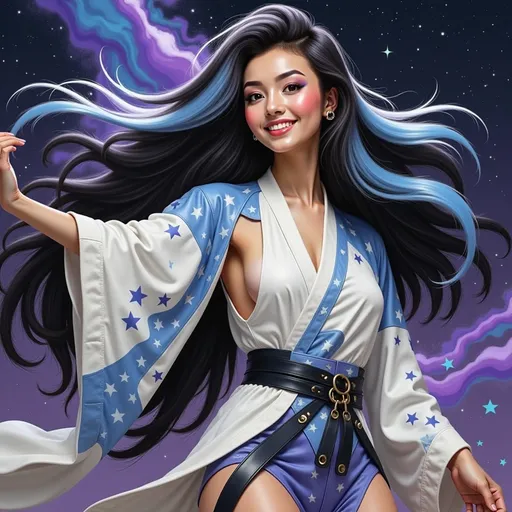 Prompt: mad-mdrnmnmlsm painting of a cyberpunk woman wearing a white and blue leather kimono in front of a sparkling stylized stars, long black hair, flowing hair, windblown hair, smiling, paint splashes, outrun, black and purple night sky <lora:modern-minimalism-flux:1.0> brush_stroke