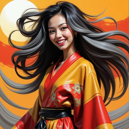 Prompt: mad-mdrnmnmlsm painting of a cyberpunk woman wearing an orange and silver leather kimono in front of a silver stylized moon, long silver hair,  flowing hair, windblown hair, smiling, paint splashes, outrun, orange and gray night sky <lora:modern-minimalism-flux:1.0> brush_stroke