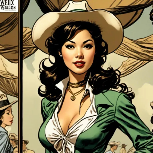Prompt: <mymodel>comic book image of a woman in a cowgirl outfit, Dave Stevens illustration.