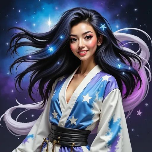 Prompt: mad-mdrnmnmlsm painting of a cyberpunk woman wearing a white and blue leather kimono in front of a sparkling stylized stars, long black hair, flowing hair, windblown hair, smiling, paint splashes, outrun, black and purple night sky <lora:modern-minimalism-flux:1.0> brush_stroke