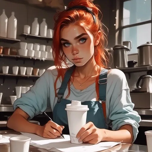 Prompt: <mymodel>woman is working as a barista and writing on a paper cup