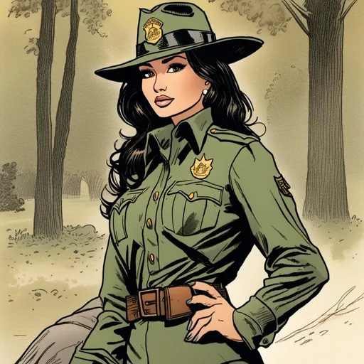 Prompt: <mymodel>comic book image of a woman in a park ranger uniform, Dave Stevens illustration.