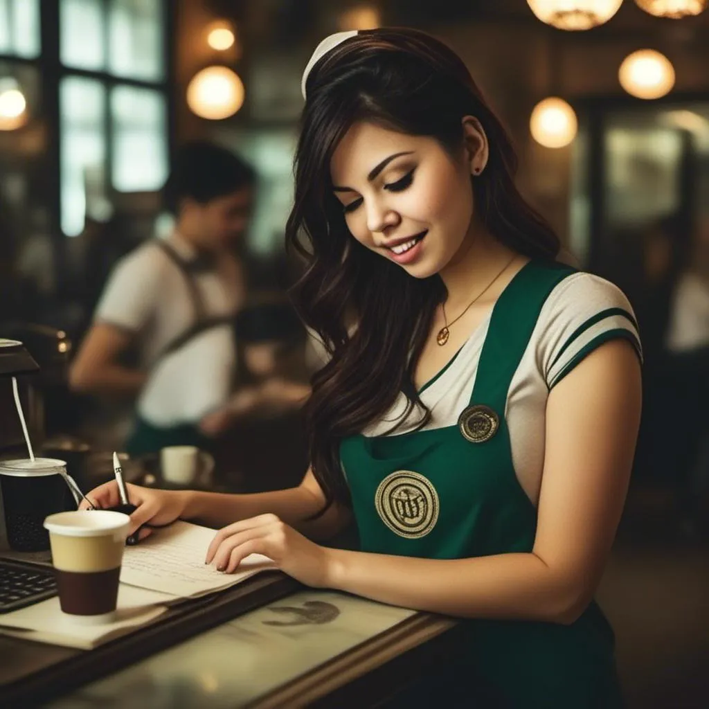 Prompt: <mymodel>woman is working as a barista and writing on a paper cup